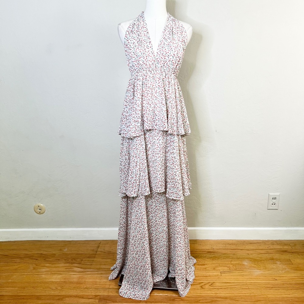 Aakaa Floral Tiered Maxi Dress Small Cream Red‎ Halter Backless Boho Tie Back